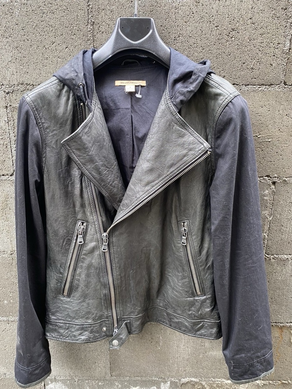 John Varvatos Black Leather & Hooded Moto Jacket